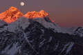 Panoramic View Of Mount Everest And Makalu Peak At Sunset On A Full Moon